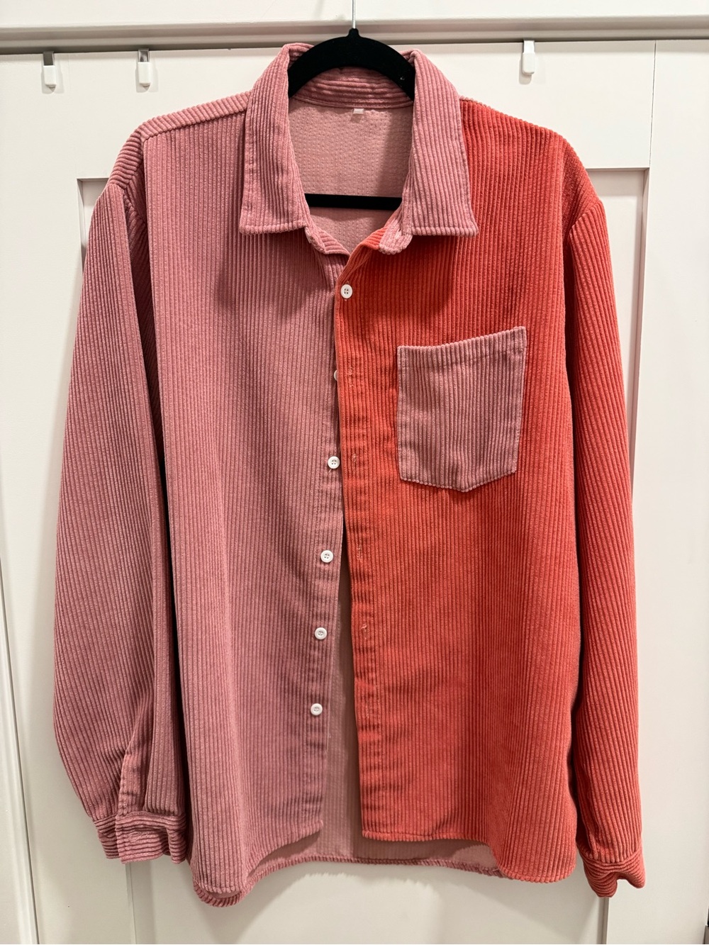 Two-Tone Corduroy Button-Down Shirt in Dusty Pink & Coral
